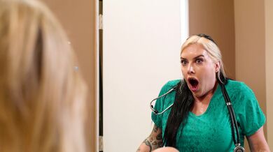 Busty tattooed blonde squirting all over the big tits nurse
