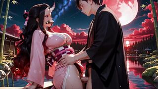 Nezuko in doggy gets her big tits slapped and face painted with wild messy cumshots